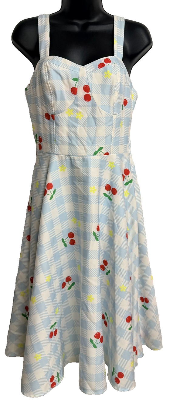 Belle Poque Fit Flare Dress Women's Medium Gingham Cherry Print Rockabilly Retro